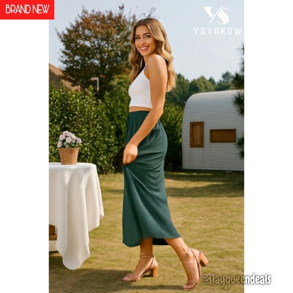 Maxi Skirt High Waisted Pleated Flowy with Pockets Elastic Waist A-Line - Picture 7 of 8